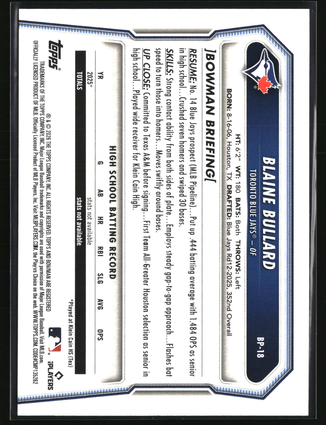 Blaine Bullard 2026 Bowman Prospects #BP-18