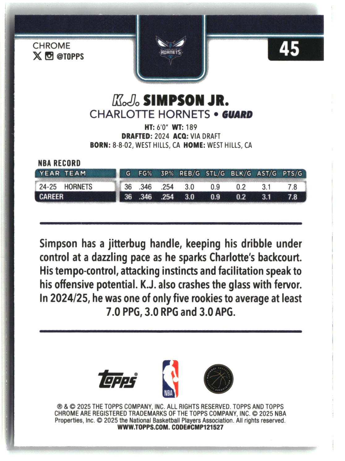 KJ Simpson Jr. 2025-26 Topps Chrome X-Fractor #45