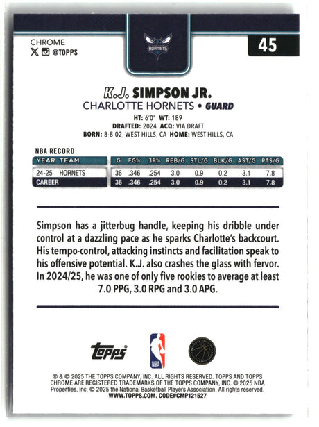 KJ Simpson Jr. 2025-26 Topps Chrome X-Fractor #45