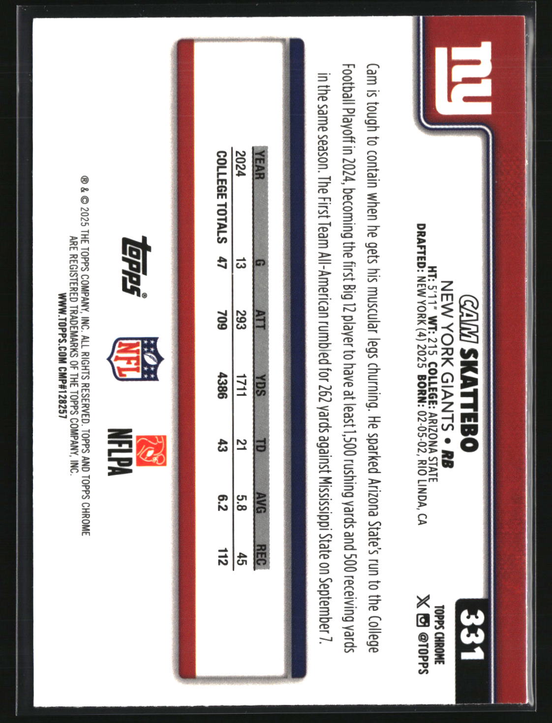 Cam Skattebo 2025 Topps Chrome Football #331
