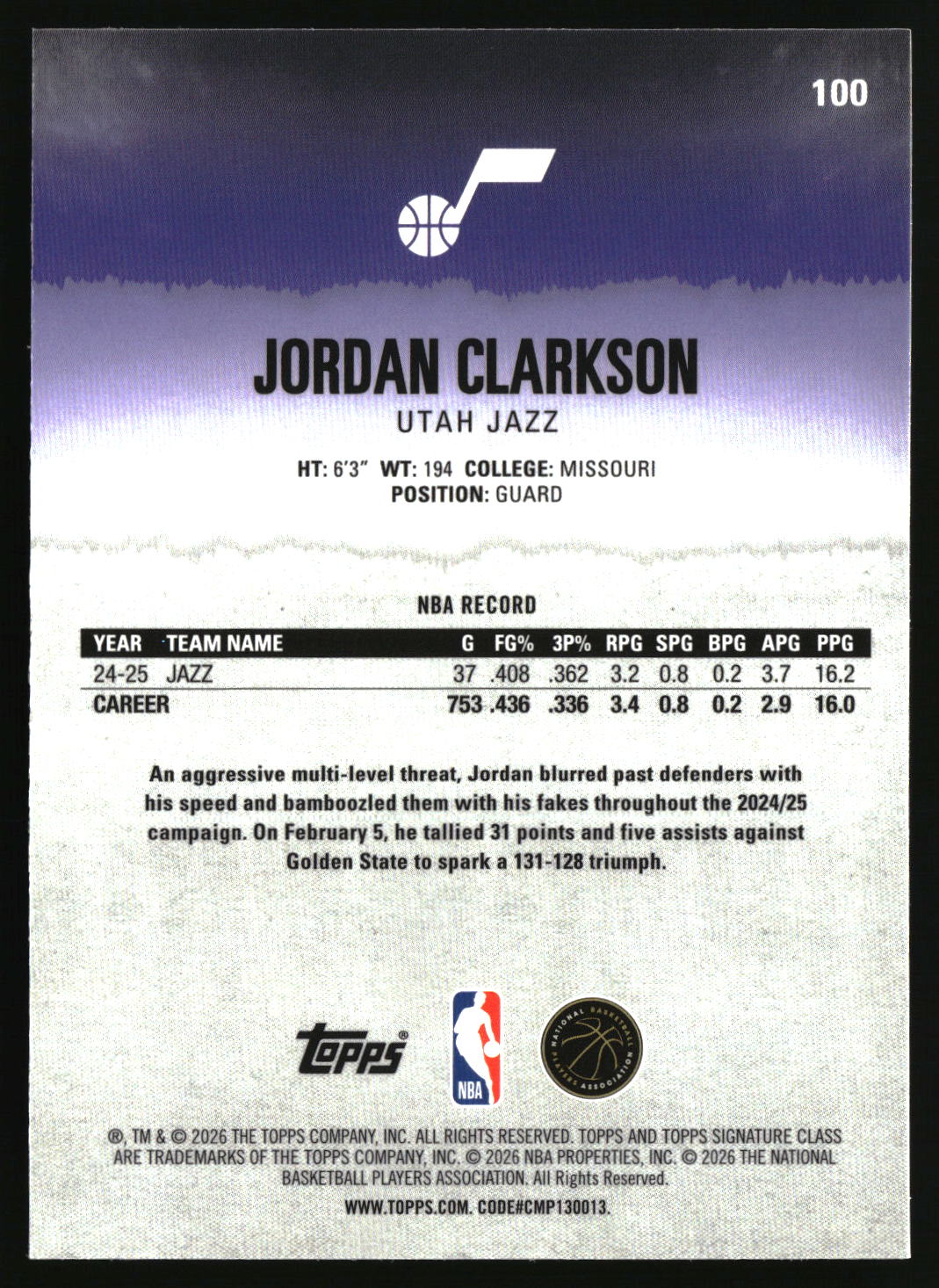 Jordan Clarkson 2025-26 Topps Signature Class Chrome #100