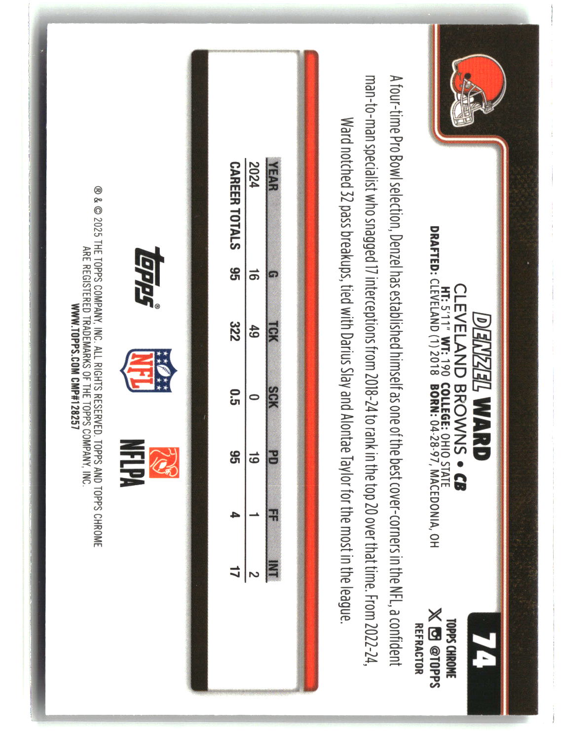 Denzel Ward 2025 Topps Chrome Refractor #74