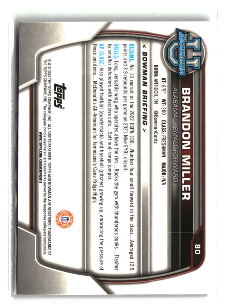 Brandon Miller 2022-23 Bowman University Chrome #80