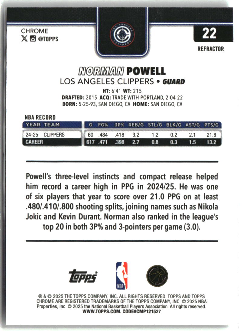 Norman Powell 2025-26 Topps Chrome Refractor #22
