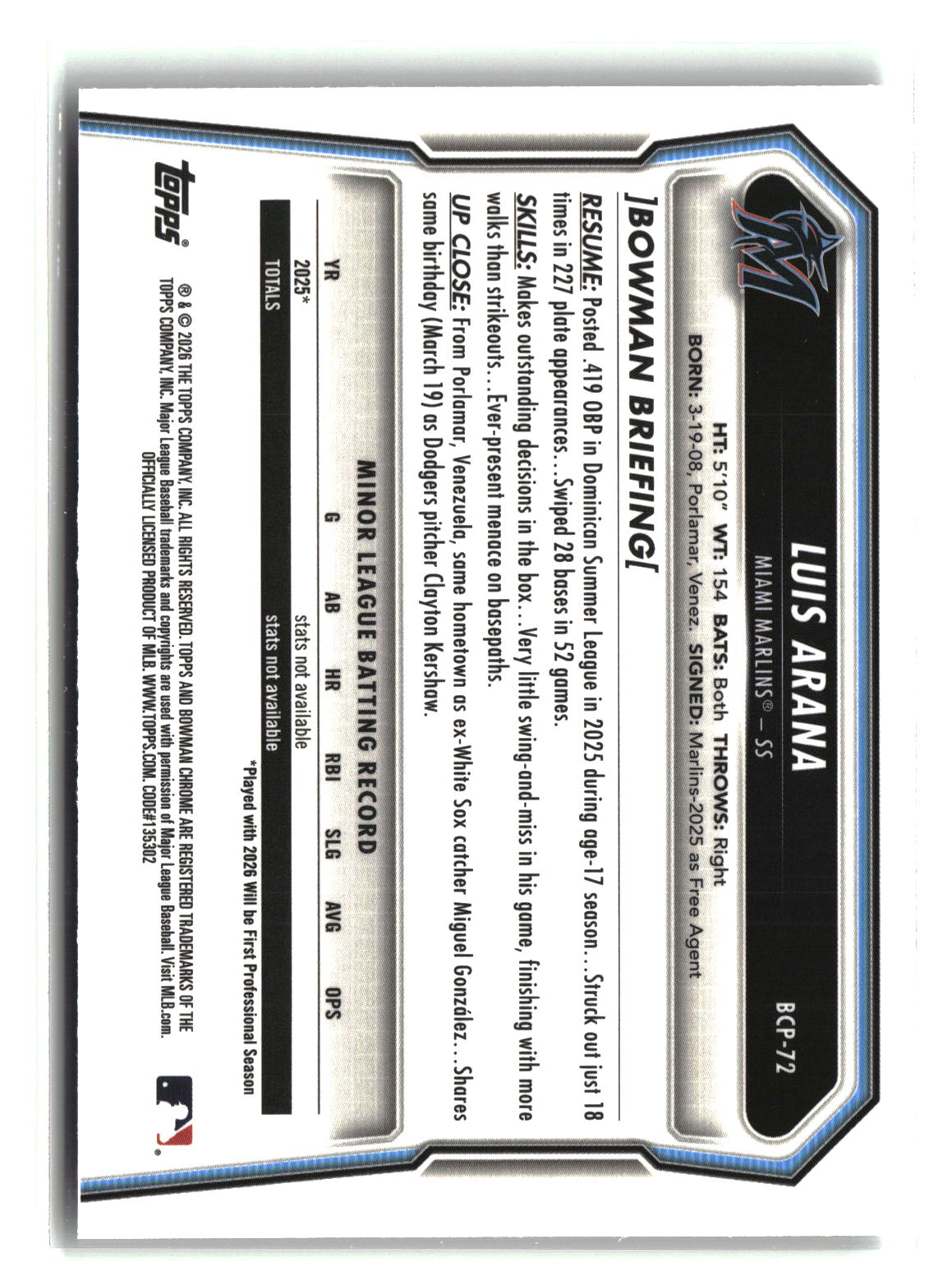 Luis Arana 2026 Bowman Chrome Prospects #BCP-72