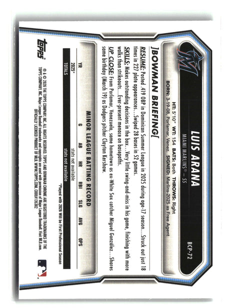 Luis Arana 2026 Bowman Chrome Prospects #BCP-72