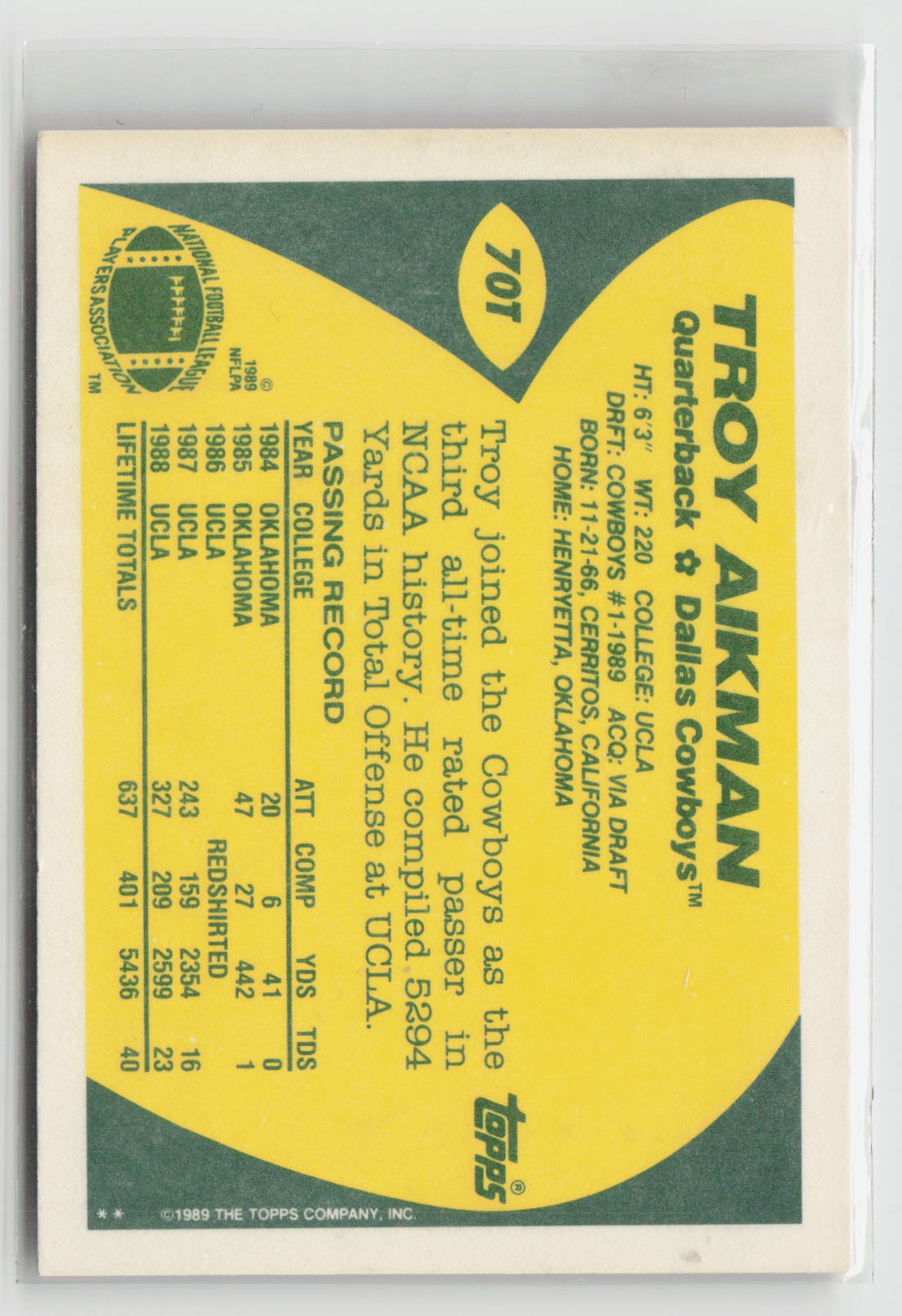 Troy Aikman 1989 Topps Traded #70T