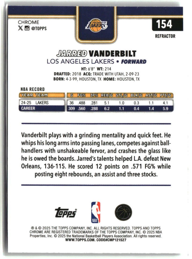 Jarred Vanderbilt 2025-26 Topps Chrome Refractor #154