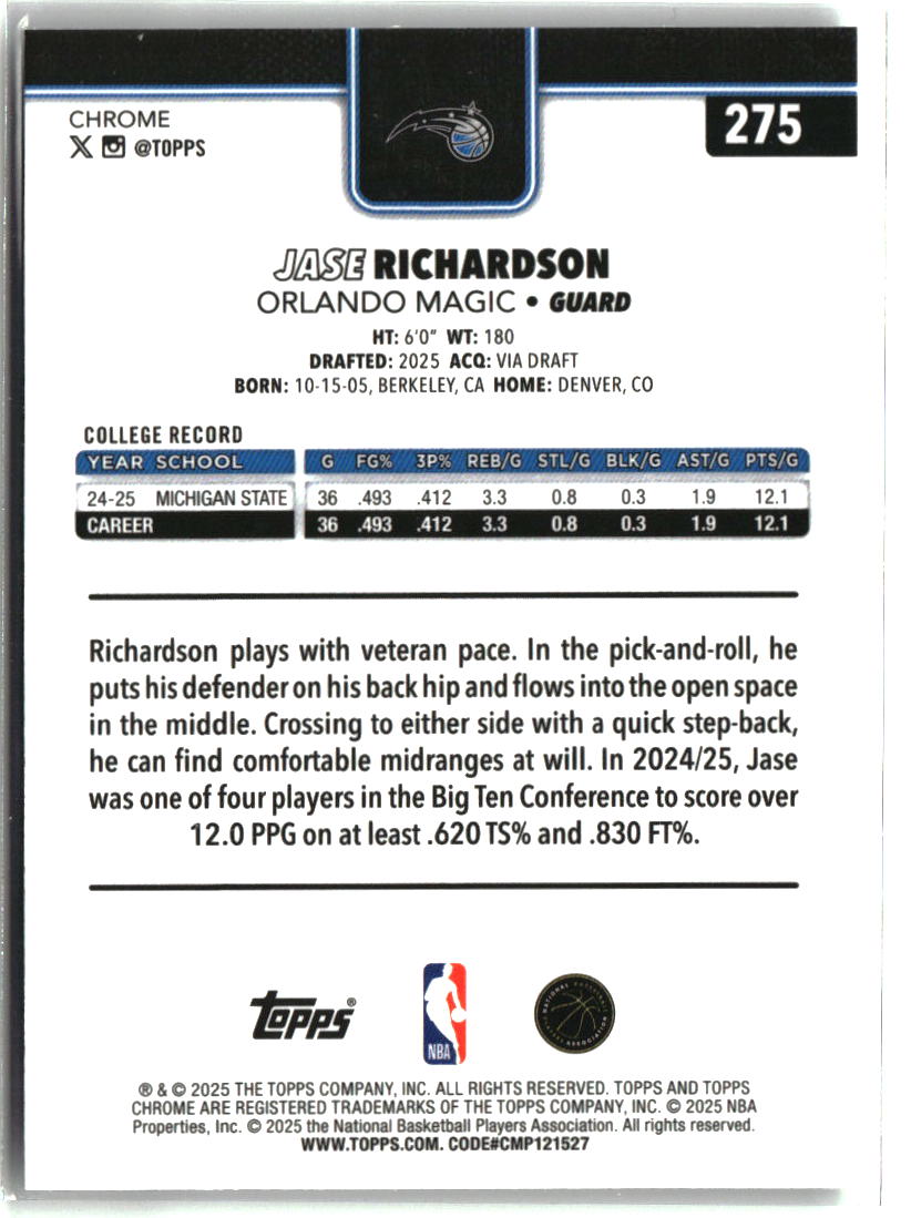 Jase Richardson 2025-26 Topps Chrome #275