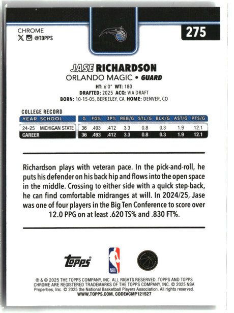 Jase Richardson 2025-26 Topps Chrome #275