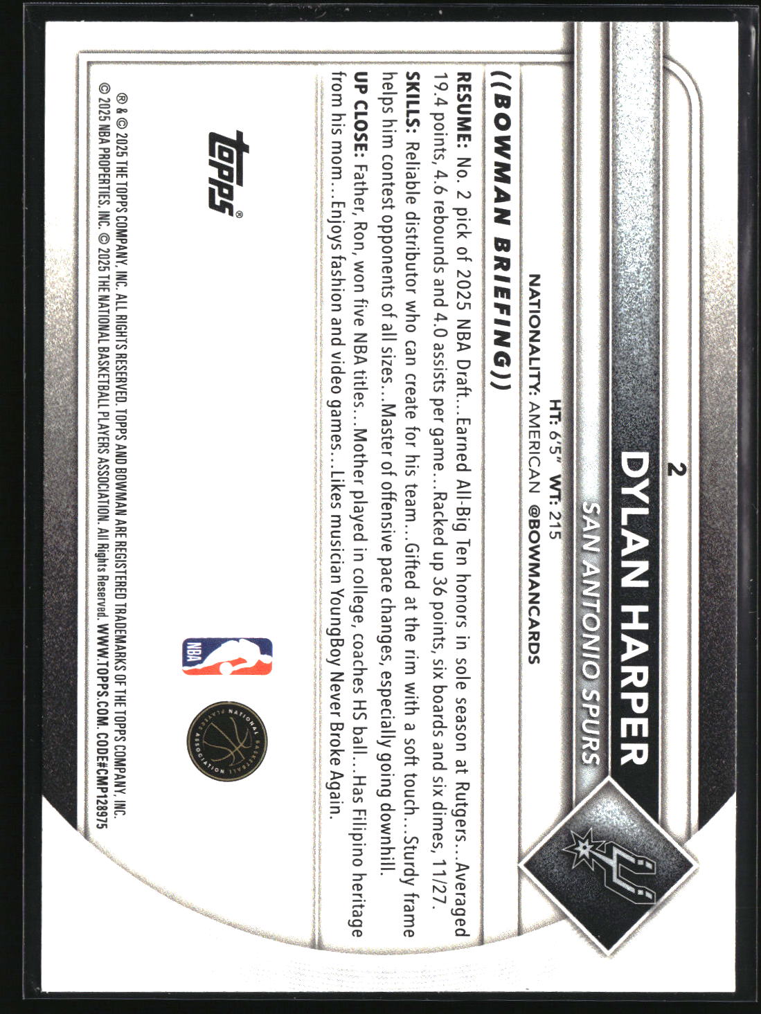 Dylan Harper 2025-26 Bowman #2