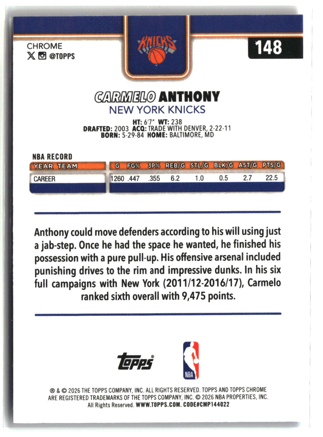 Carmelo Anthony 2025-26 Topps Chrome Update Red White and Blue Refractor #148