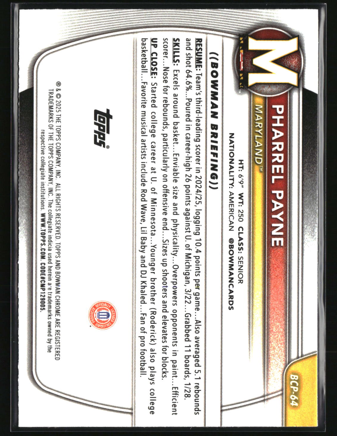 Pharrel Payne 2025-26 Bowman Chrome Prospects Reptilian Refractor #BCP-64