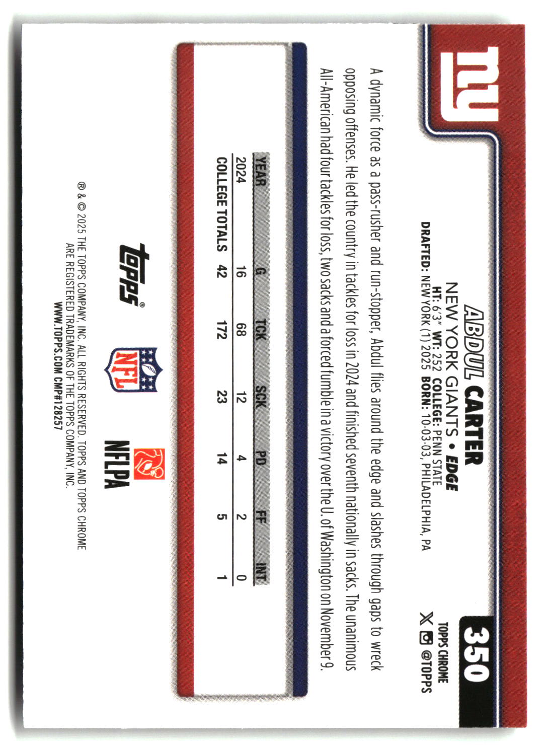 Abdul Carter 2025 Topps Chrome #350