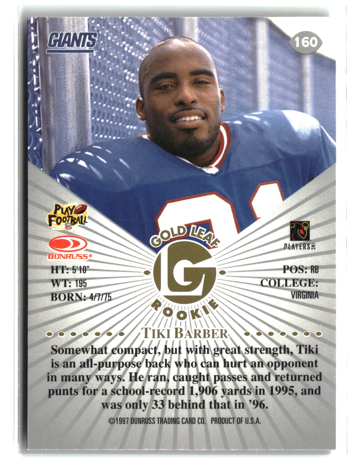 Tiki Barber 1997 Leaf #160