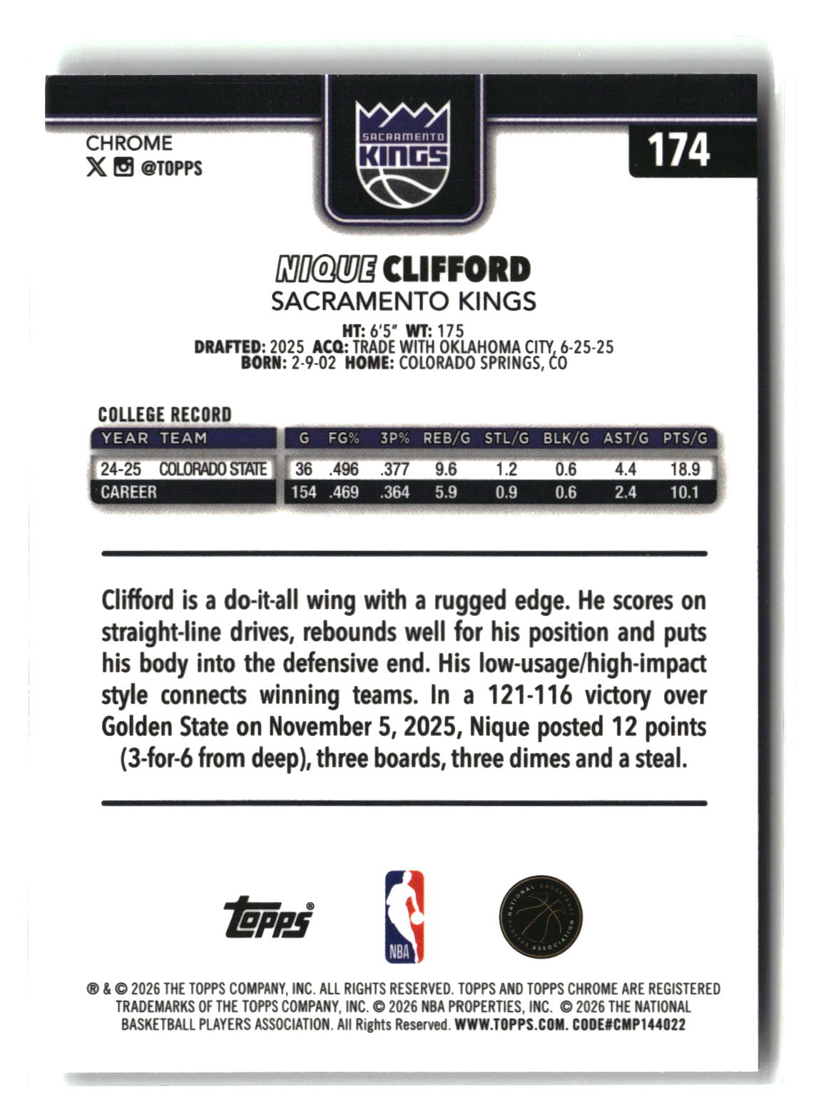 Nique Clifford 2025-26 Topps Chrome Update #174