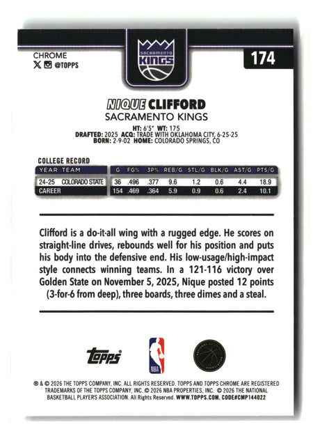 Nique Clifford 2025-26 Topps Chrome Update #174