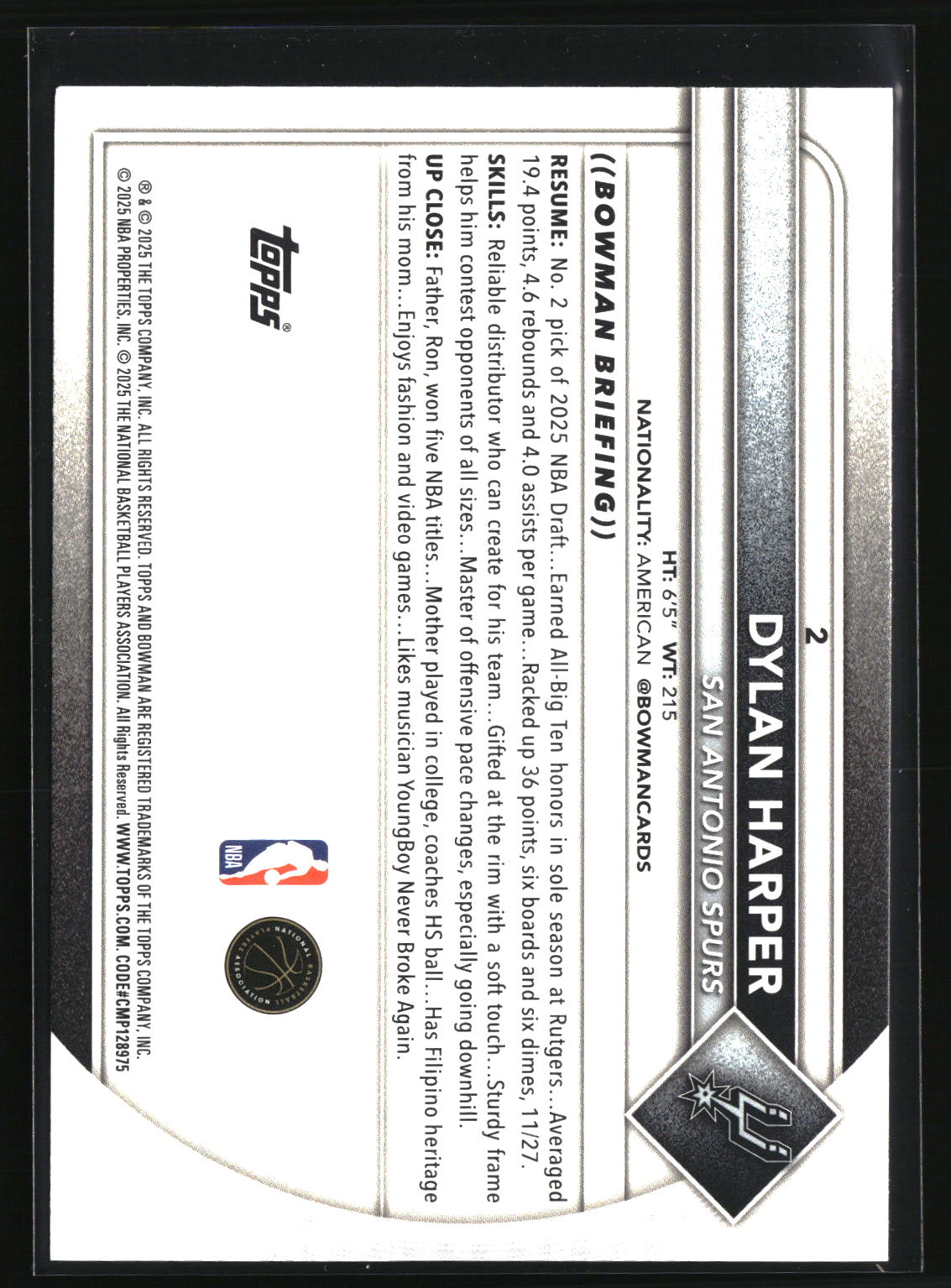 Dylan Harper 2025-26 Bowman #2
