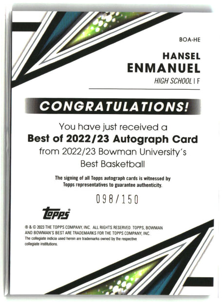 Hansel Enmanuel 2022-23 Bowman U Best of 2022 Autographs Blue #BOA-HE #/150
