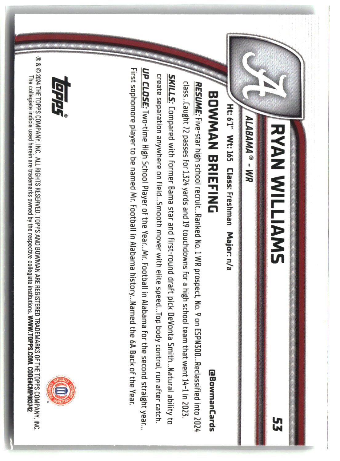 Ryan Williams 2024 Bowman University Chrome #53