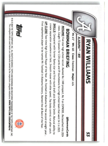 Ryan Williams 2024 Bowman University Chrome #53