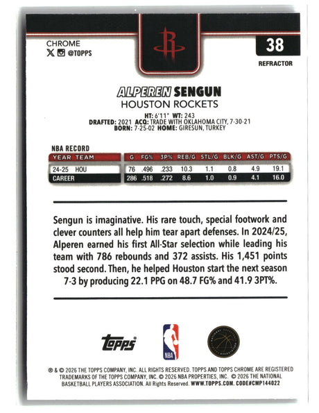 Alperen Sengun 2025-26 Topps Chrome Update Refractor #38