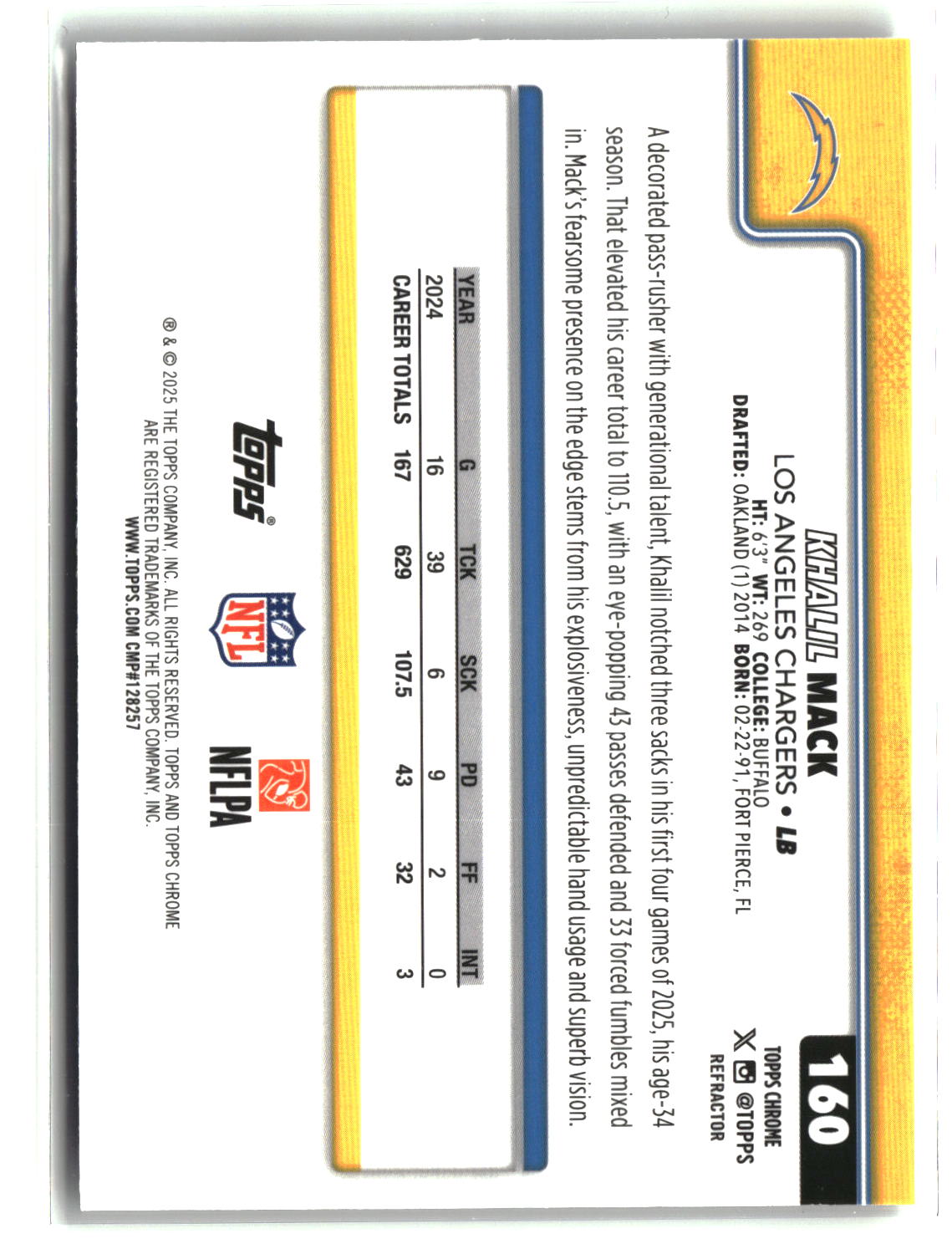 Khalil Mack 2025 Topps Chrome Refractor #160