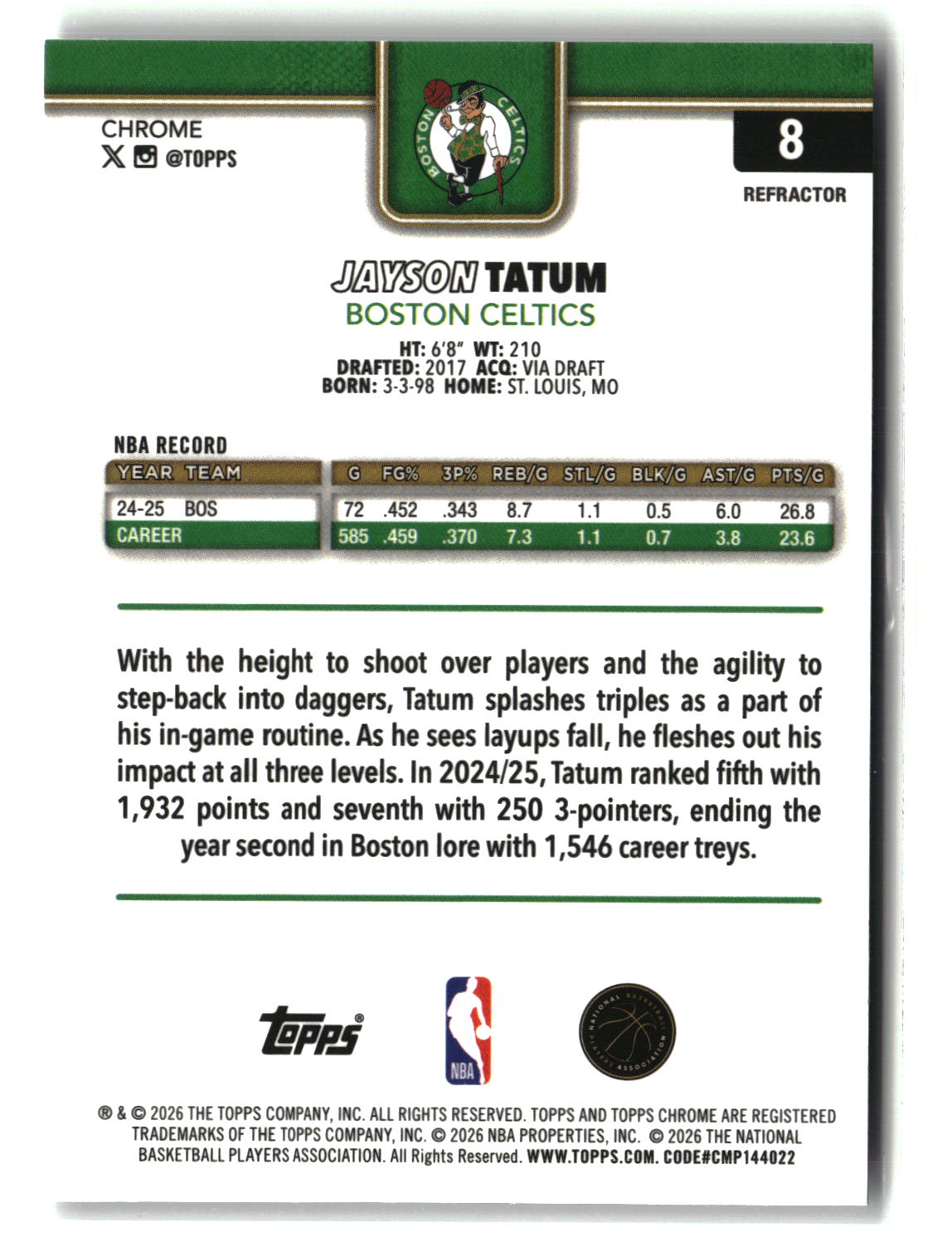 Jayson Tatum 2025-26 Topps Chrome Update Refractor #8