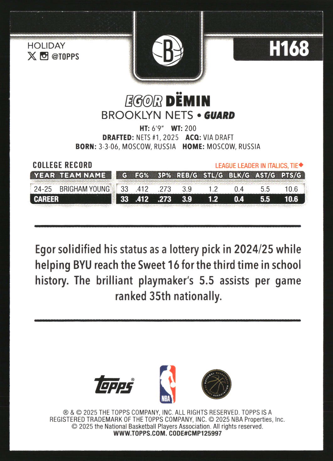 Egor Demin 2025-26 Topps Holiday #H168
