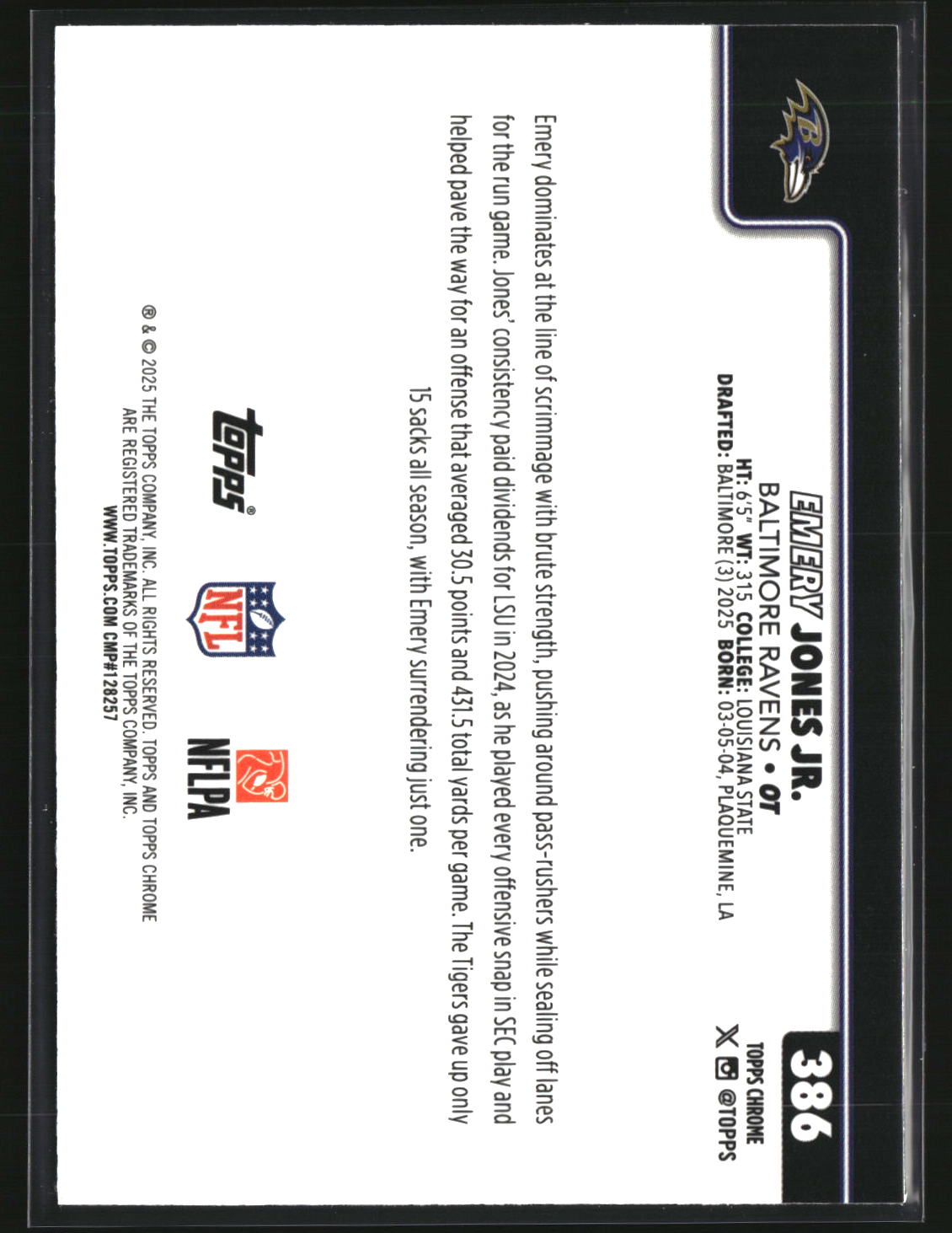 Emery Jones Jr 2025 Topps Chrome Football Teal Refractor /299 #386