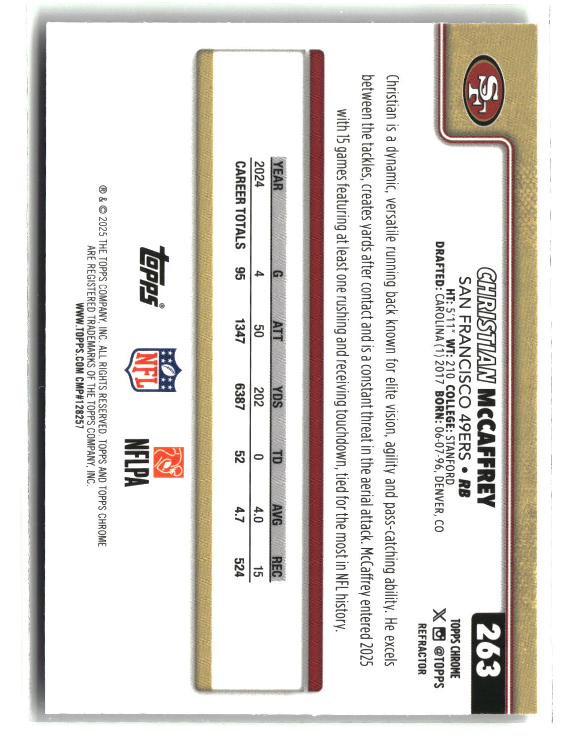 Christian McCaffrey 2025 Topps Chrome Refractor #263