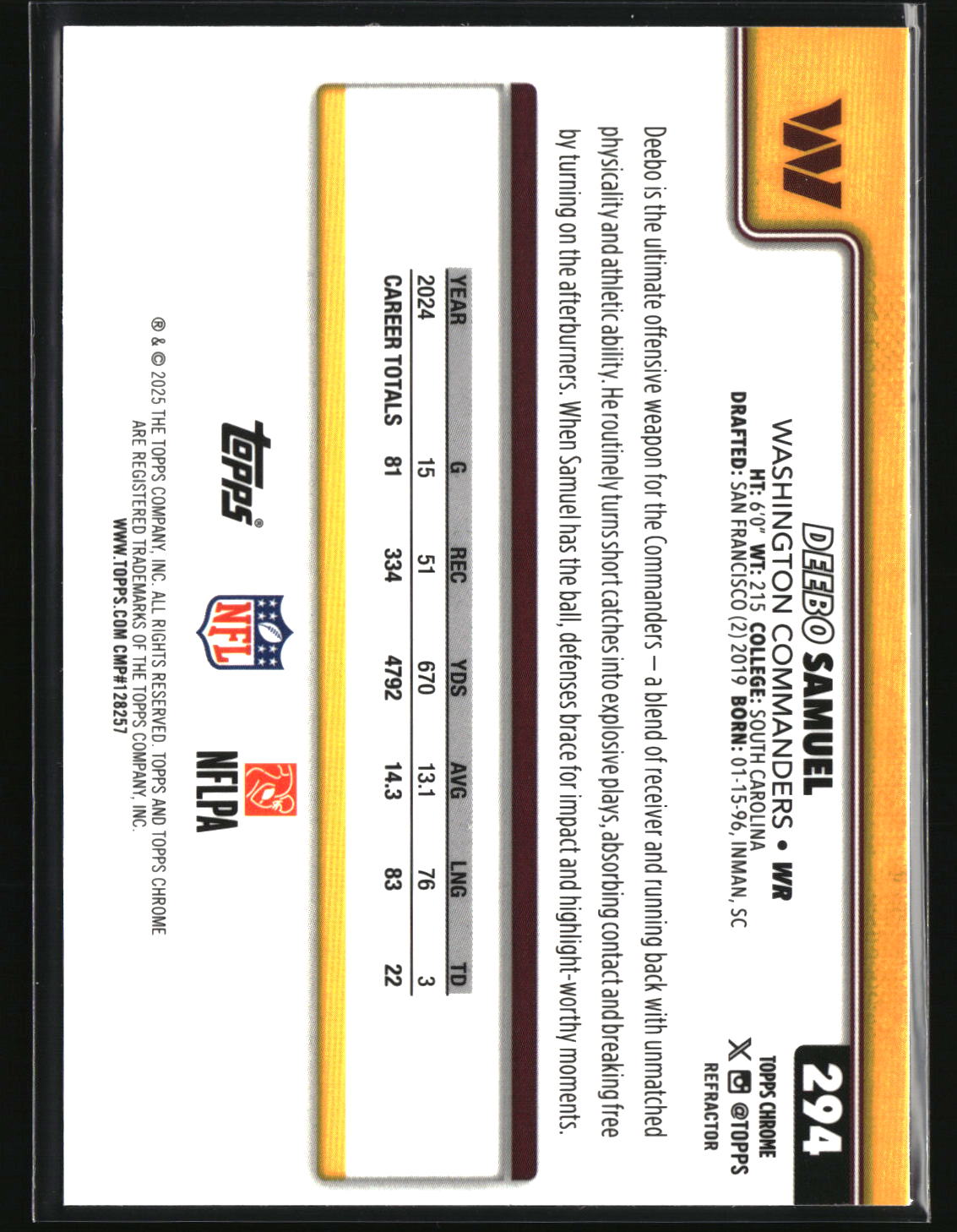 Deebo Samuel 2025 Topps Chrome - Topps Refractor #294