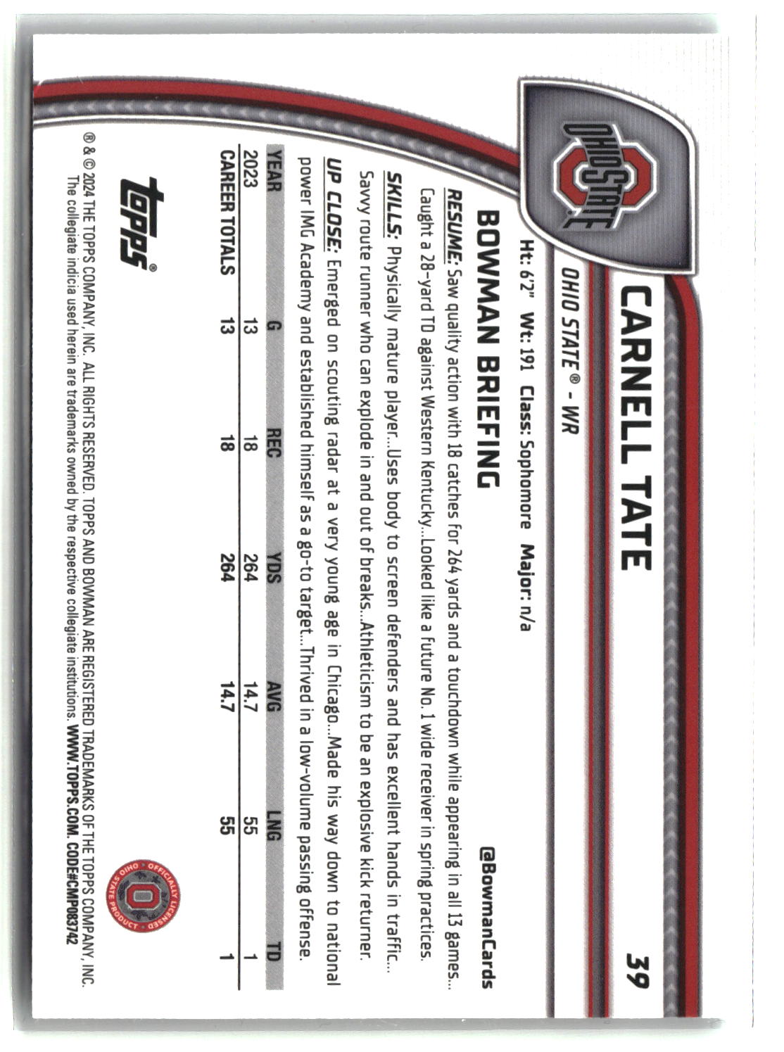 Carnell Tate 2024 Bowman University Chrome #39
