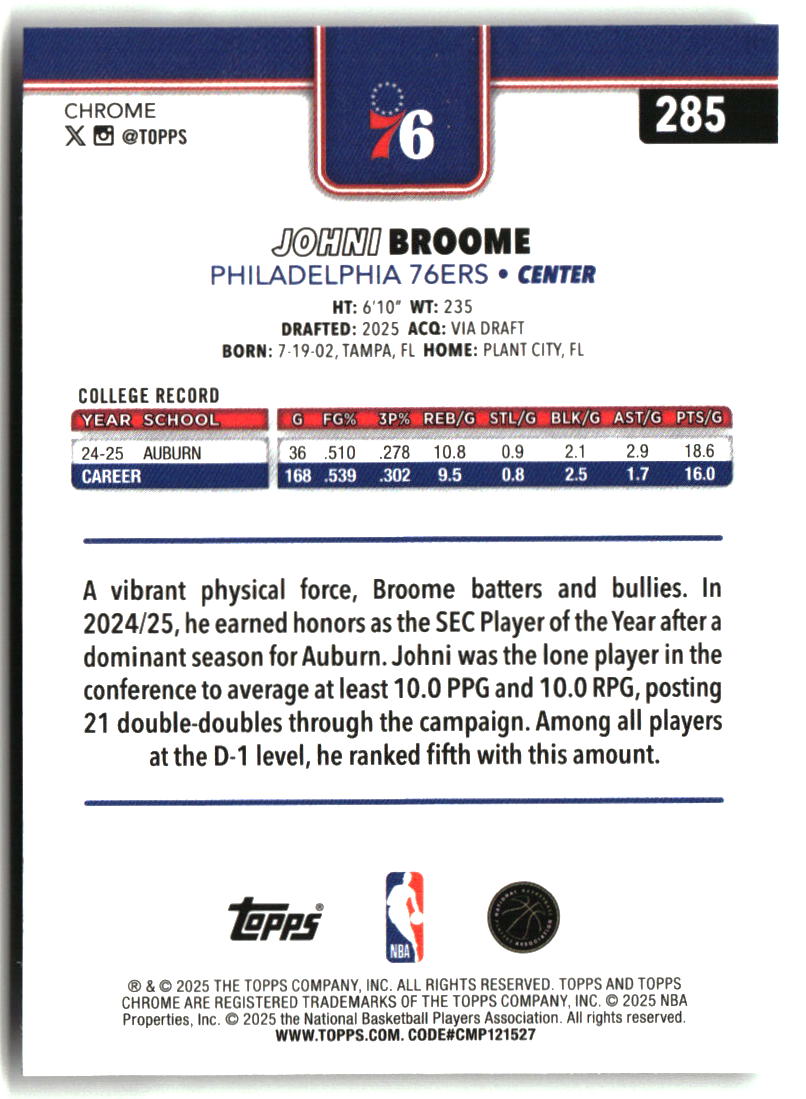 Johni Broome 2025-26 Topps Chrome #285