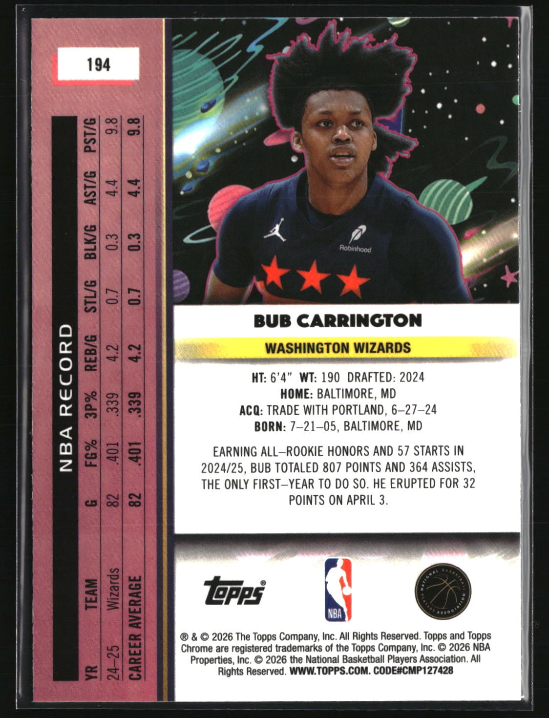 Bub Carrington 2025-26 Topps Chrome Cosmic #194