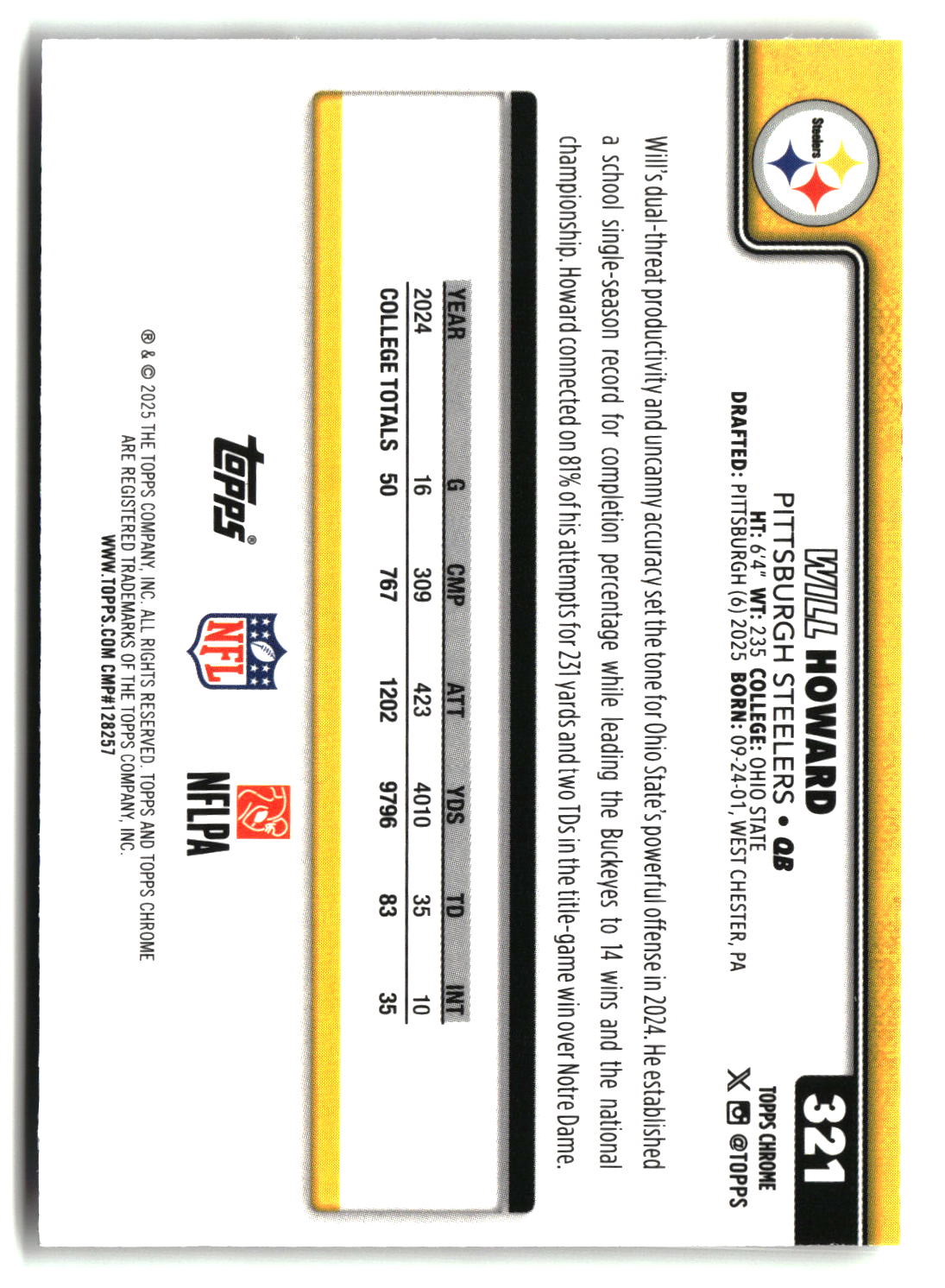 Will Howard 2025 Topps Chrome #321
