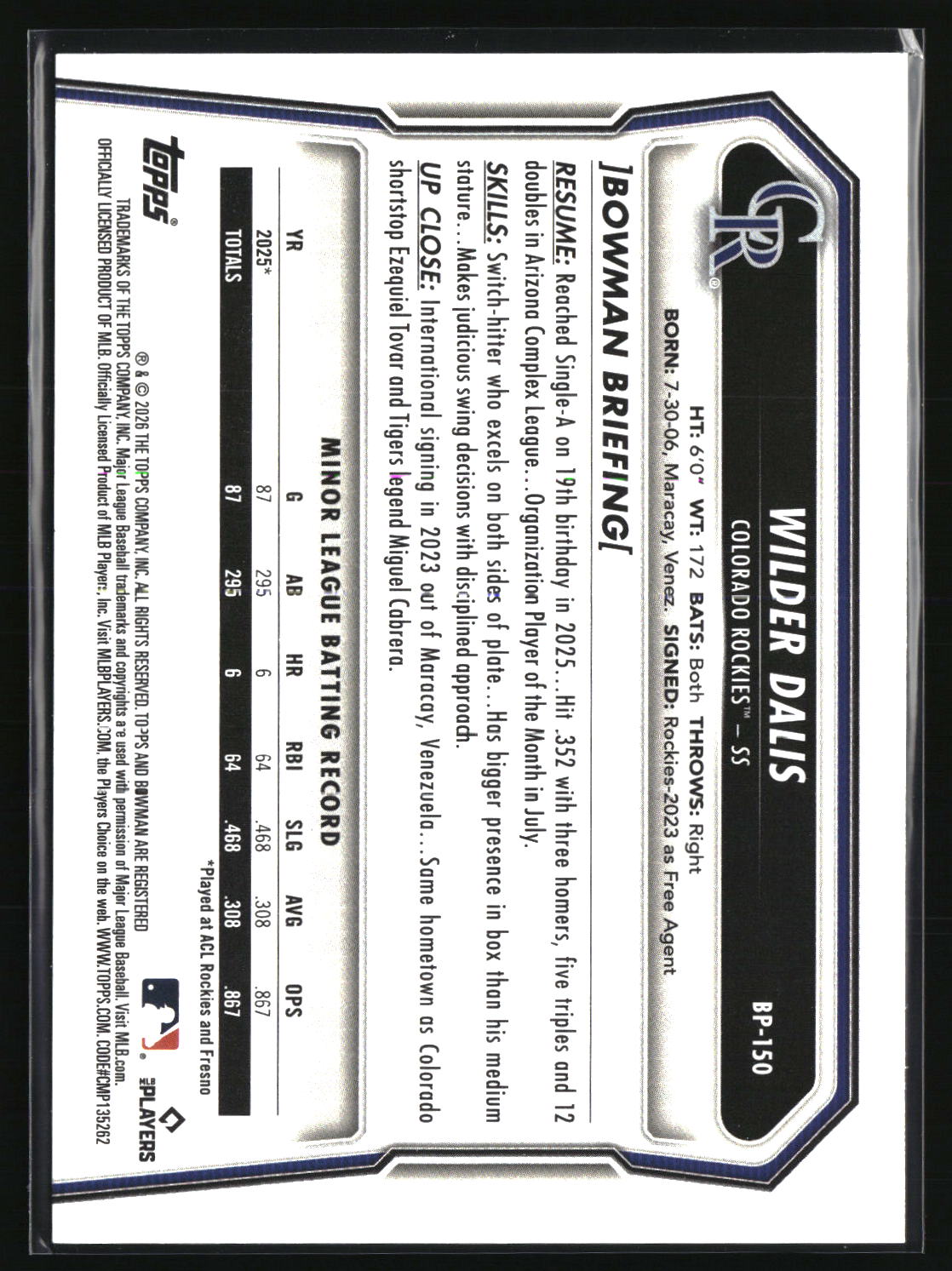 Wilder Dalis 2026 Bowman Prospects #BP-150
