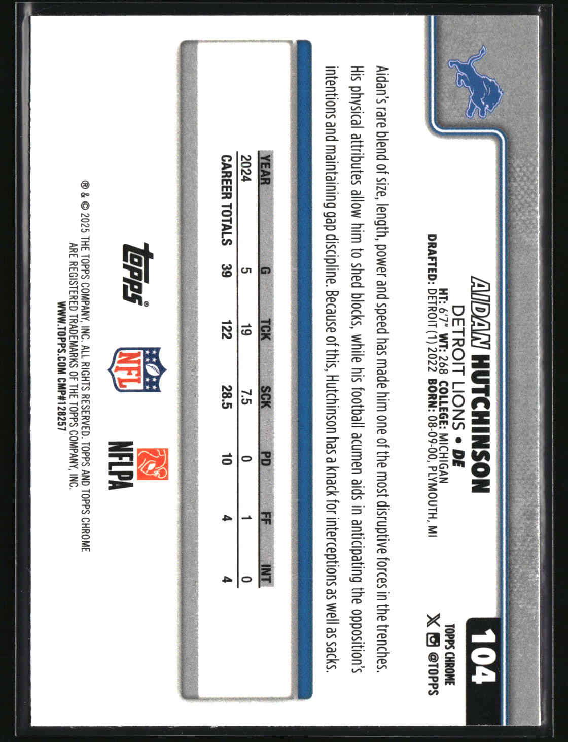 Aidan Hutchinson 2025 Topps Chrome Pulsar Refractor #104