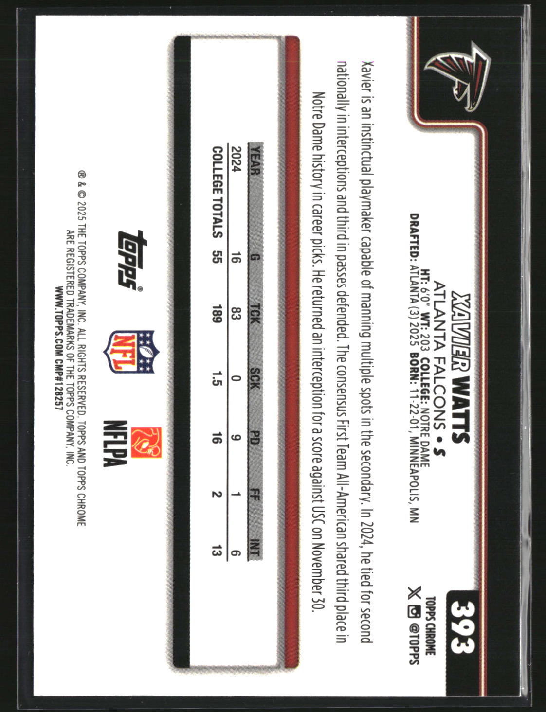 Xavier Watts 2025 Topps Chrome Football Football Leather Refractor #393