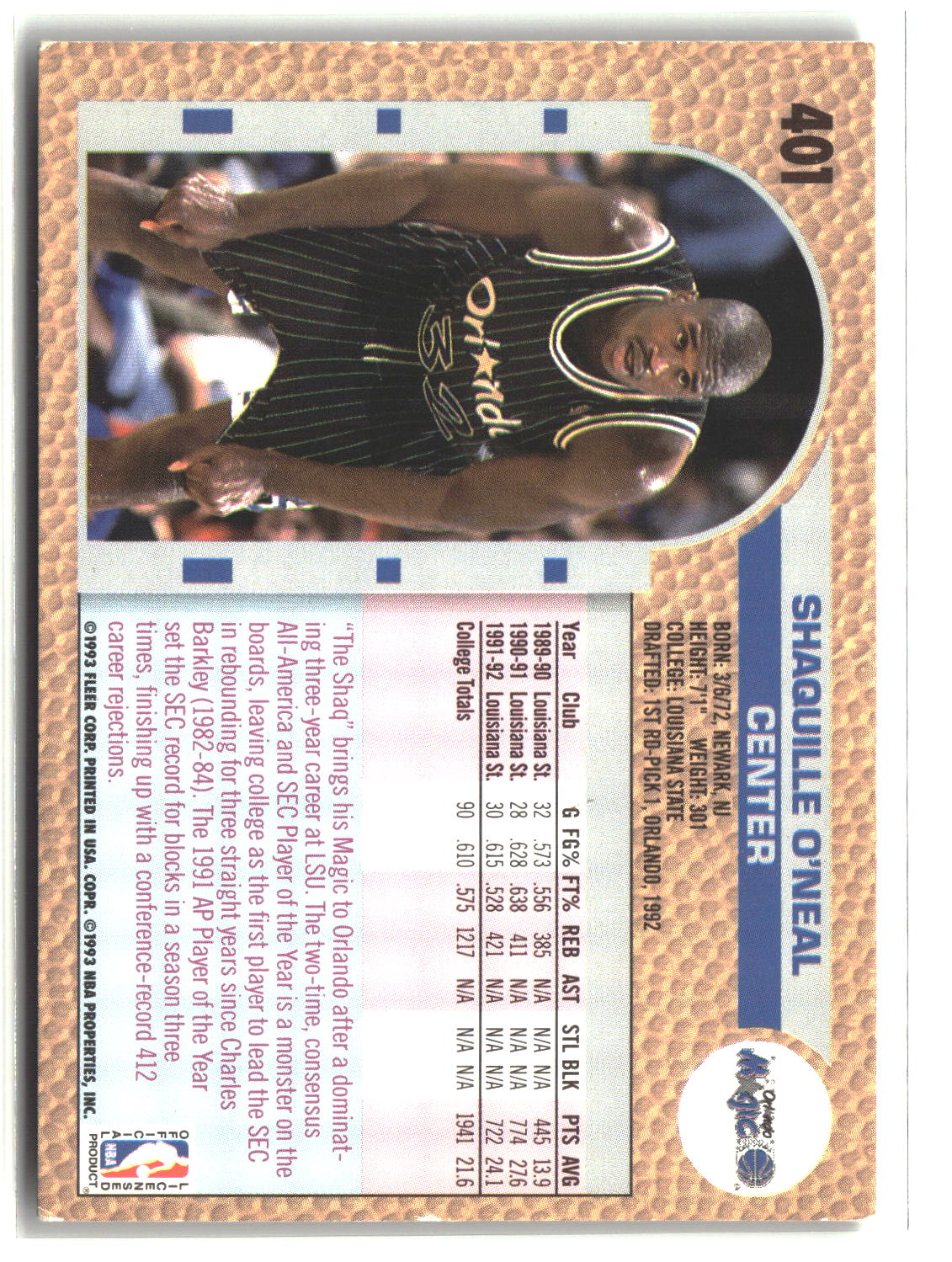 Shaquille O'Neal 1992-93 Fleer #401