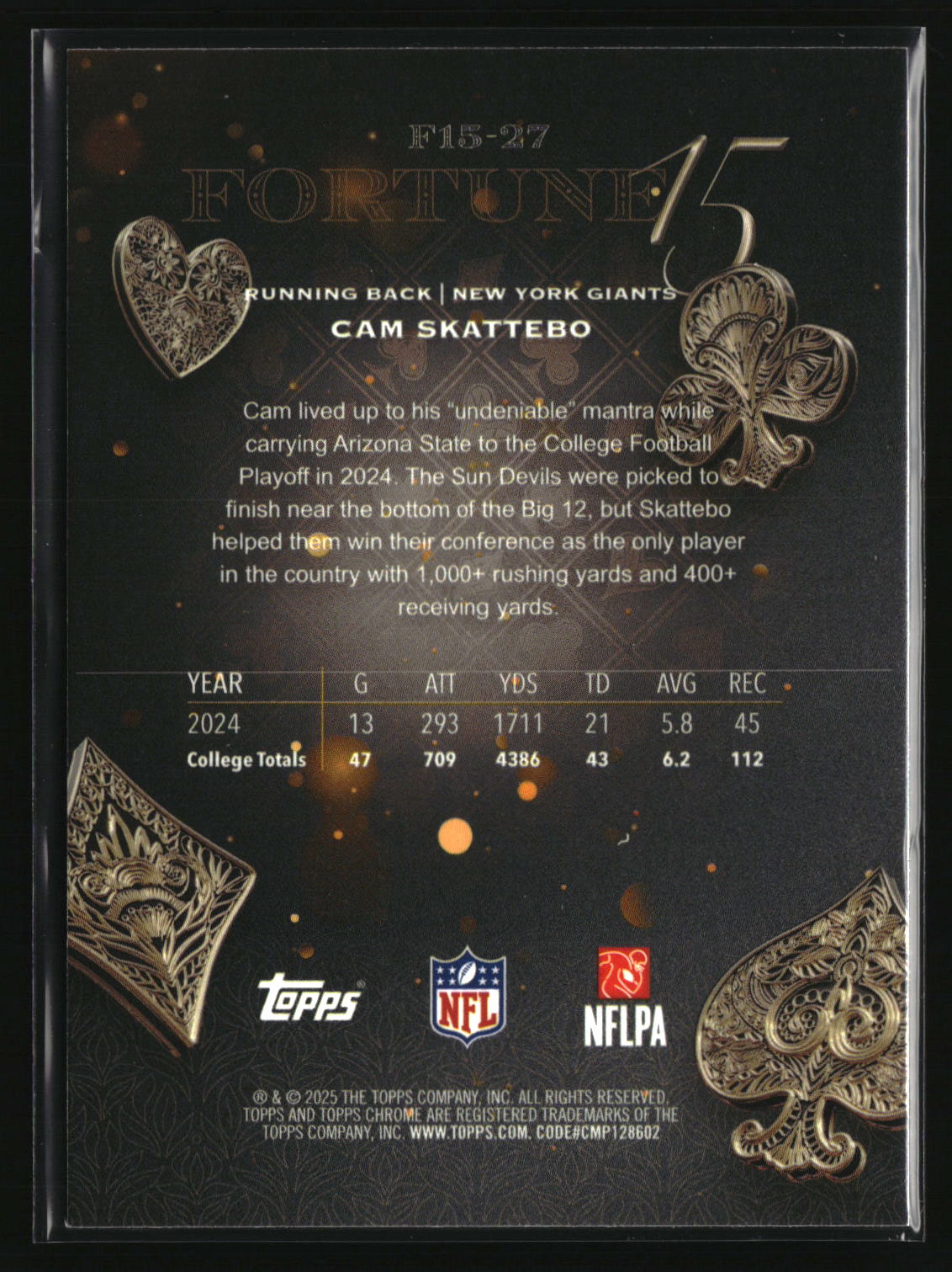 Cam Skattebo 2025 Topps Chrome Fortune 15 #F15-27