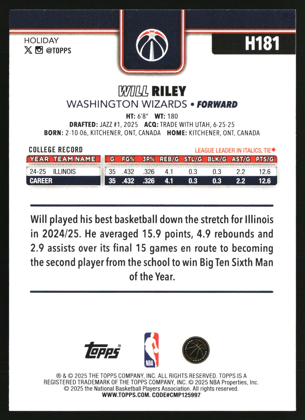 Will Riley 2025-26 Topps Holiday #H181