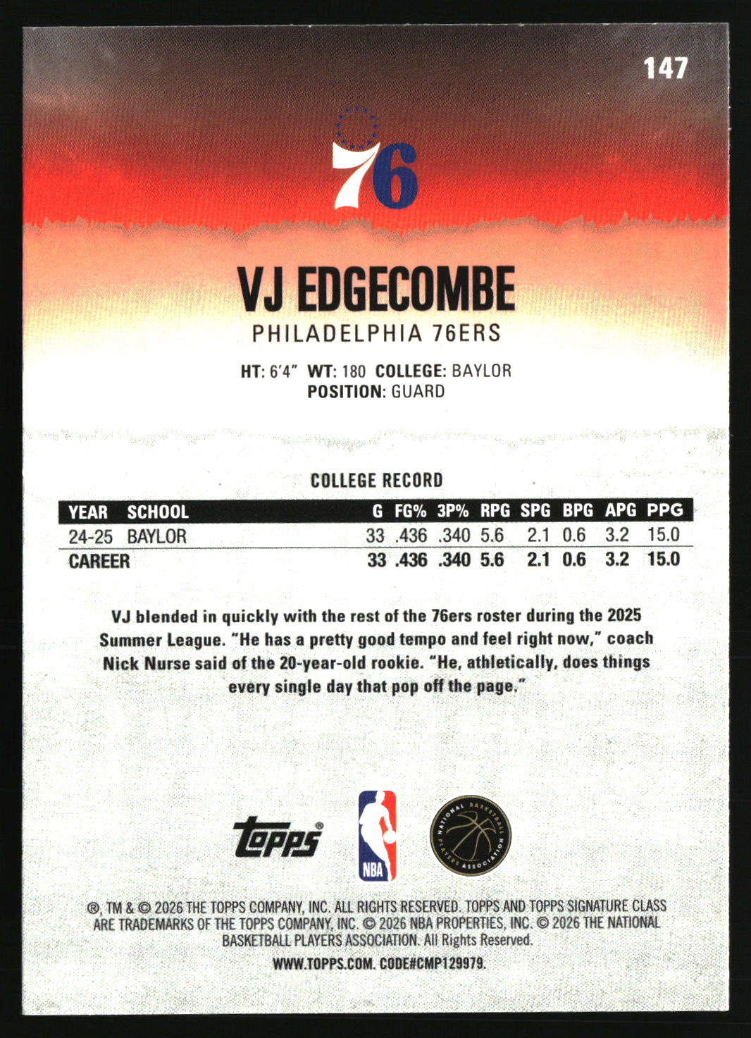 VJ Edgecombe 2025-26 Topps Signature Class #147