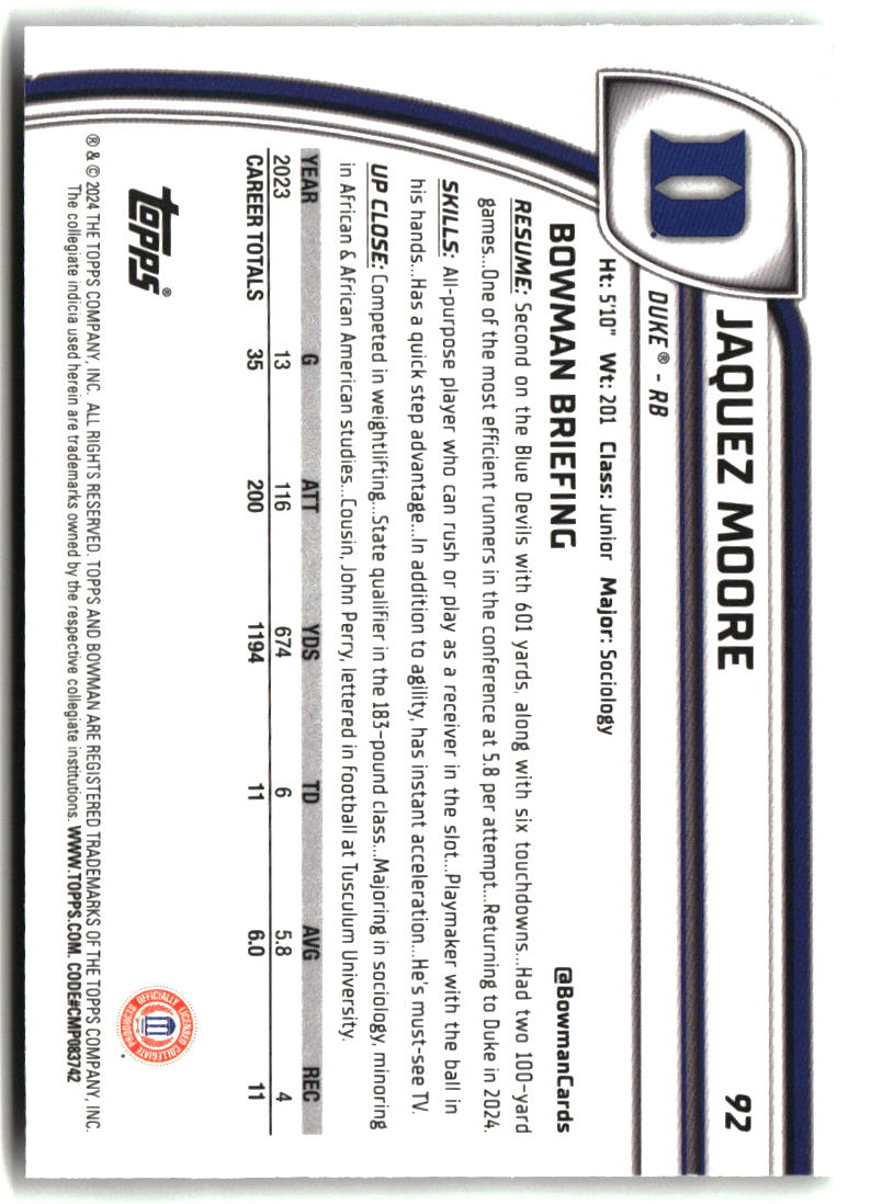 Jaquez Moore 2024 Bowman University Chrome #92