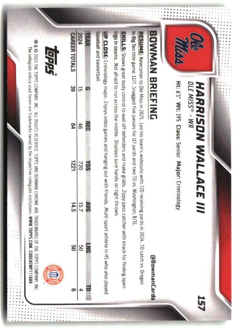 Harrison Wallace III 2025 Bowman University Chrome Xfractor #157