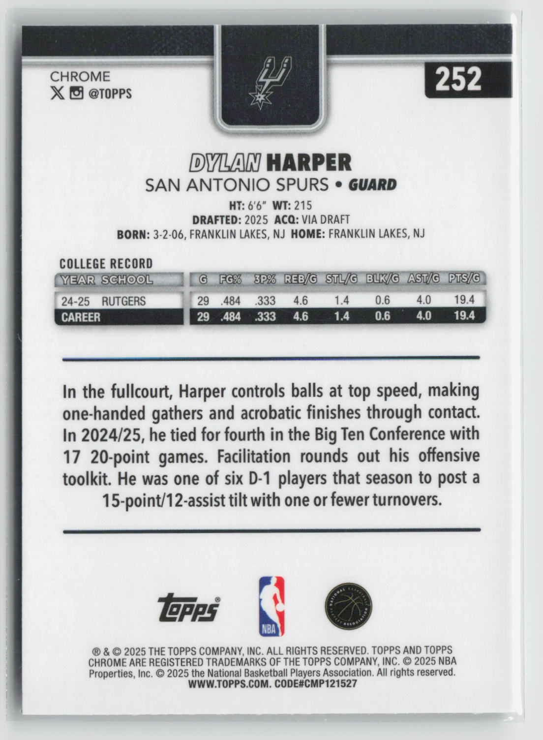 Dylan Harper 2025-26 Topps Chrome #252