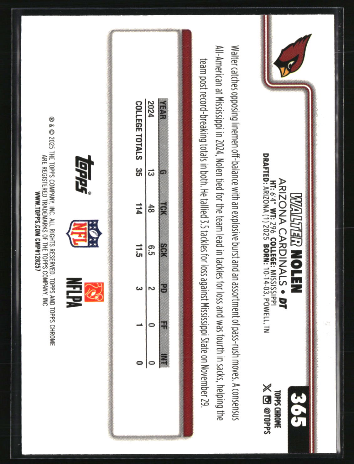 Walter Nolen 2025 Topps Chrome Football Leather Refractor #365