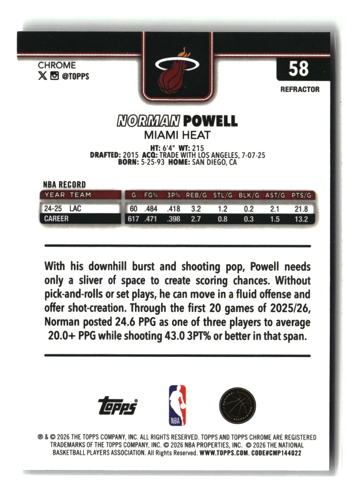 Norman Powell 2025-26 Topps Chrome Update Refractor #58