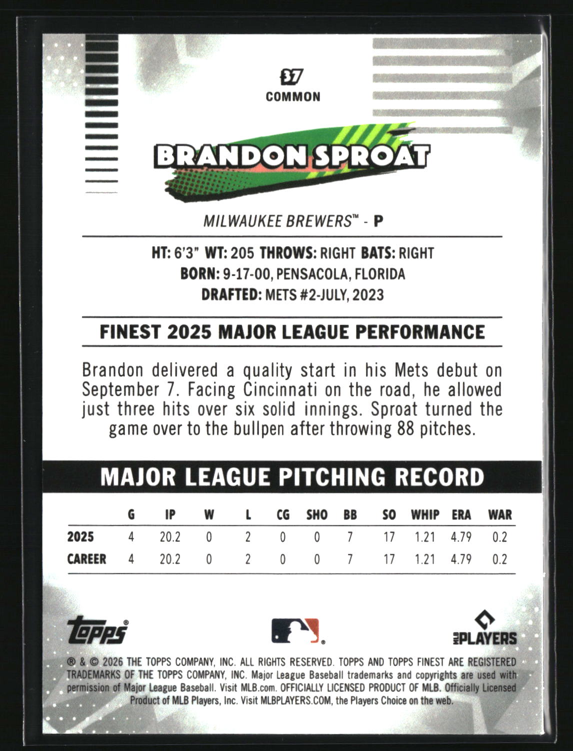 Brandon Sproat 2026 Finest Mini-Diamond Refractors #37