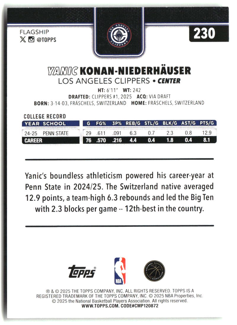 Yanic Konan-Niederhauserr 2025-26 Topps #230